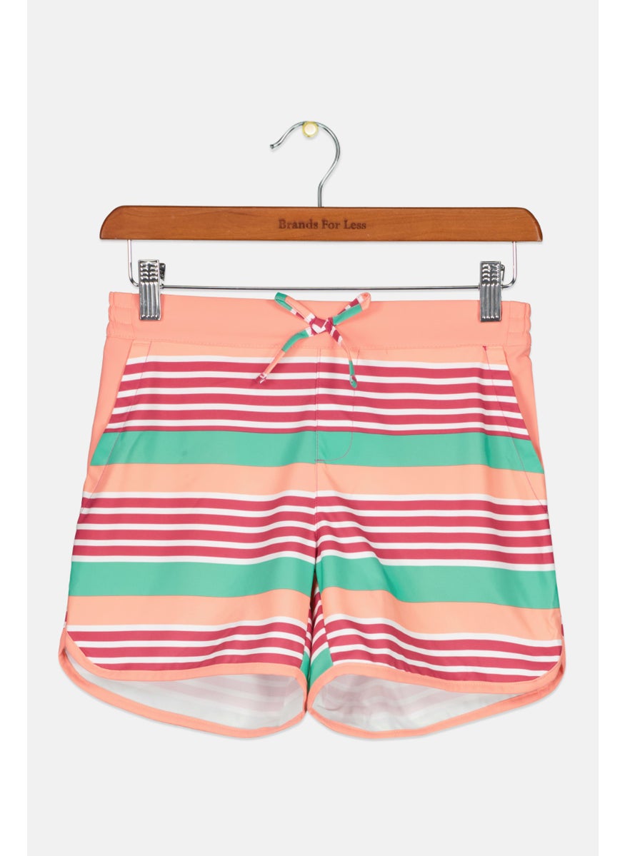 Kids Girl Stripe Pull On Board Short, Coral/Green Combo