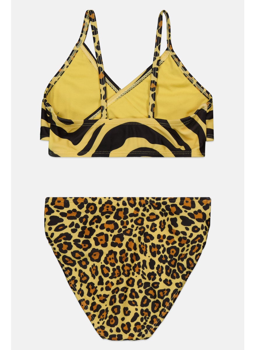 Kids Girl 2 Pcs Animal Print Bikini Top And Bottom, Yellow