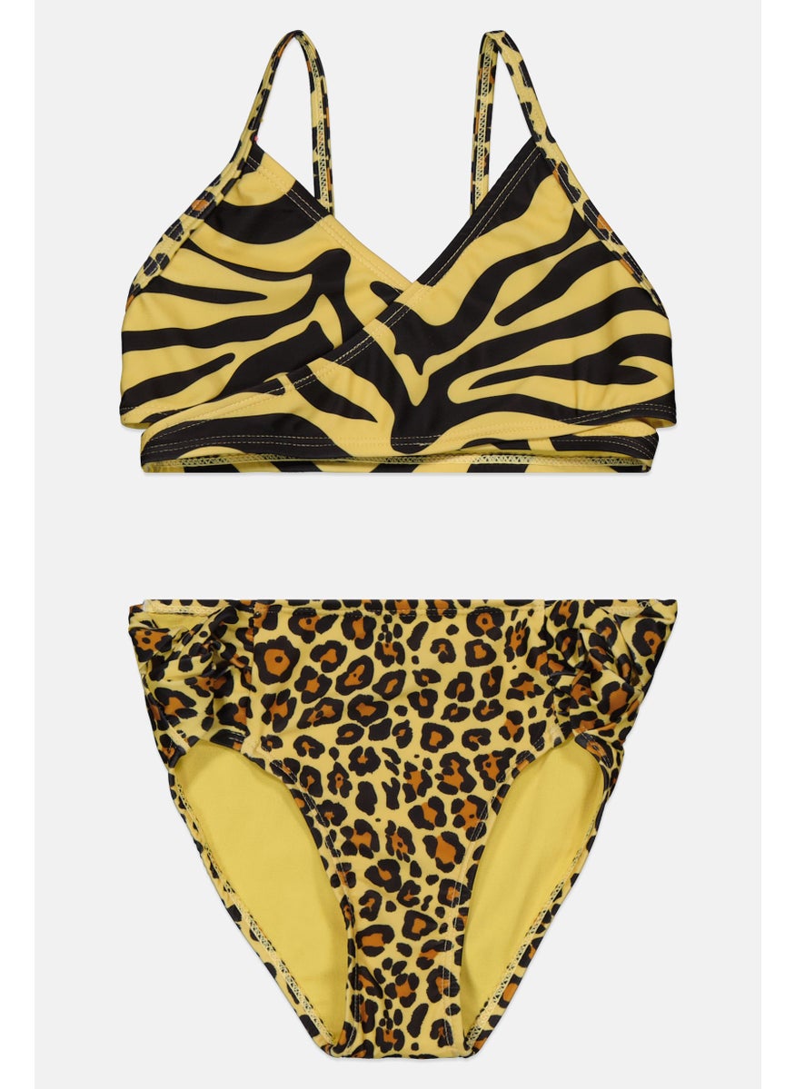 Kids Girl 2 Pcs Animal Print Bikini Top And Bottom, Yellow/Black