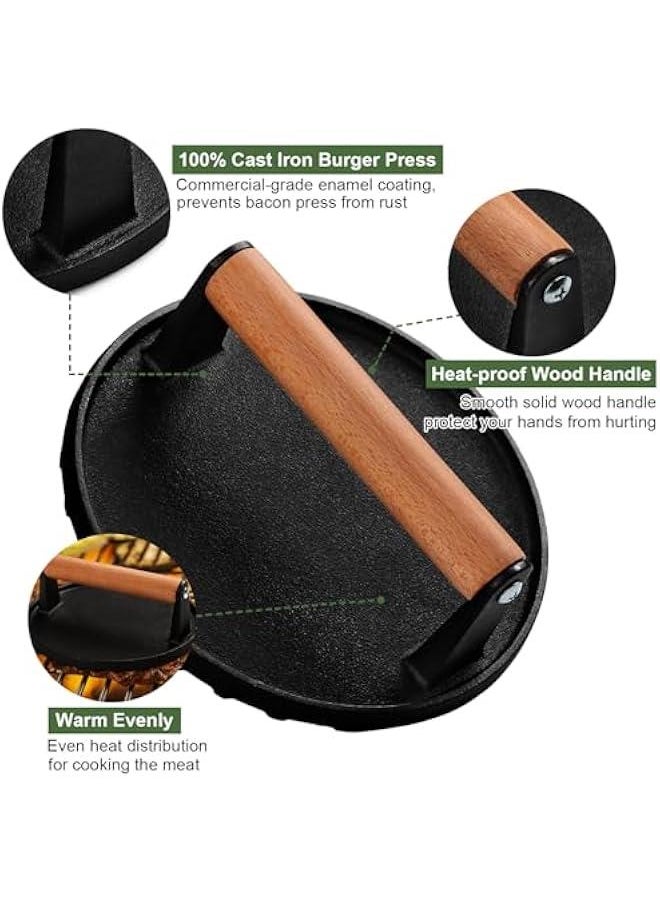 Burger Press, 7 Round Heavy-Duty Cast Iron Smash Bacon Press Meat Steak with Wood Handle for Griddle, Sandwich, Nonstick Pan