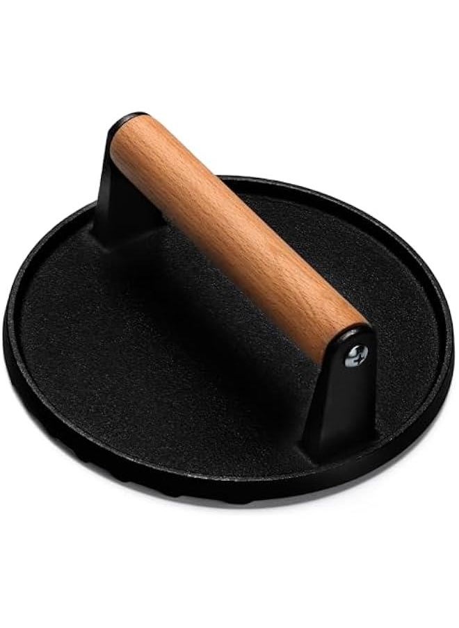 Burger Press, 7 Round Heavy-Duty Cast Iron Smash Bacon Press Meat Steak with Wood Handle for Griddle, Sandwich, Nonstick Pan