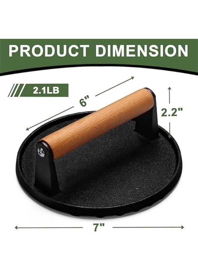 Burger Press, 7 Round Heavy-Duty Cast Iron Smash Bacon Press Meat Steak with Wood Handle for Griddle, Sandwich, Nonstick Pan