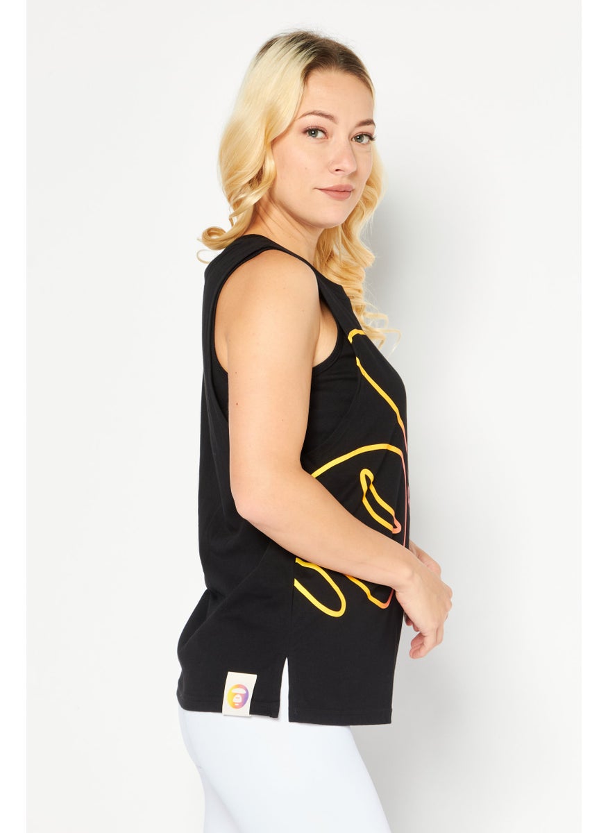 Women Round Neck Sleeveless Graphic Print Tank Top, Black Combo