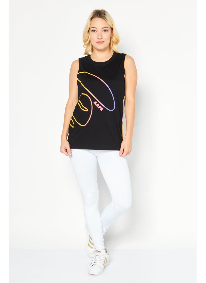 Women Round Neck Sleeveless Graphic Print Tank Top, Black Combo