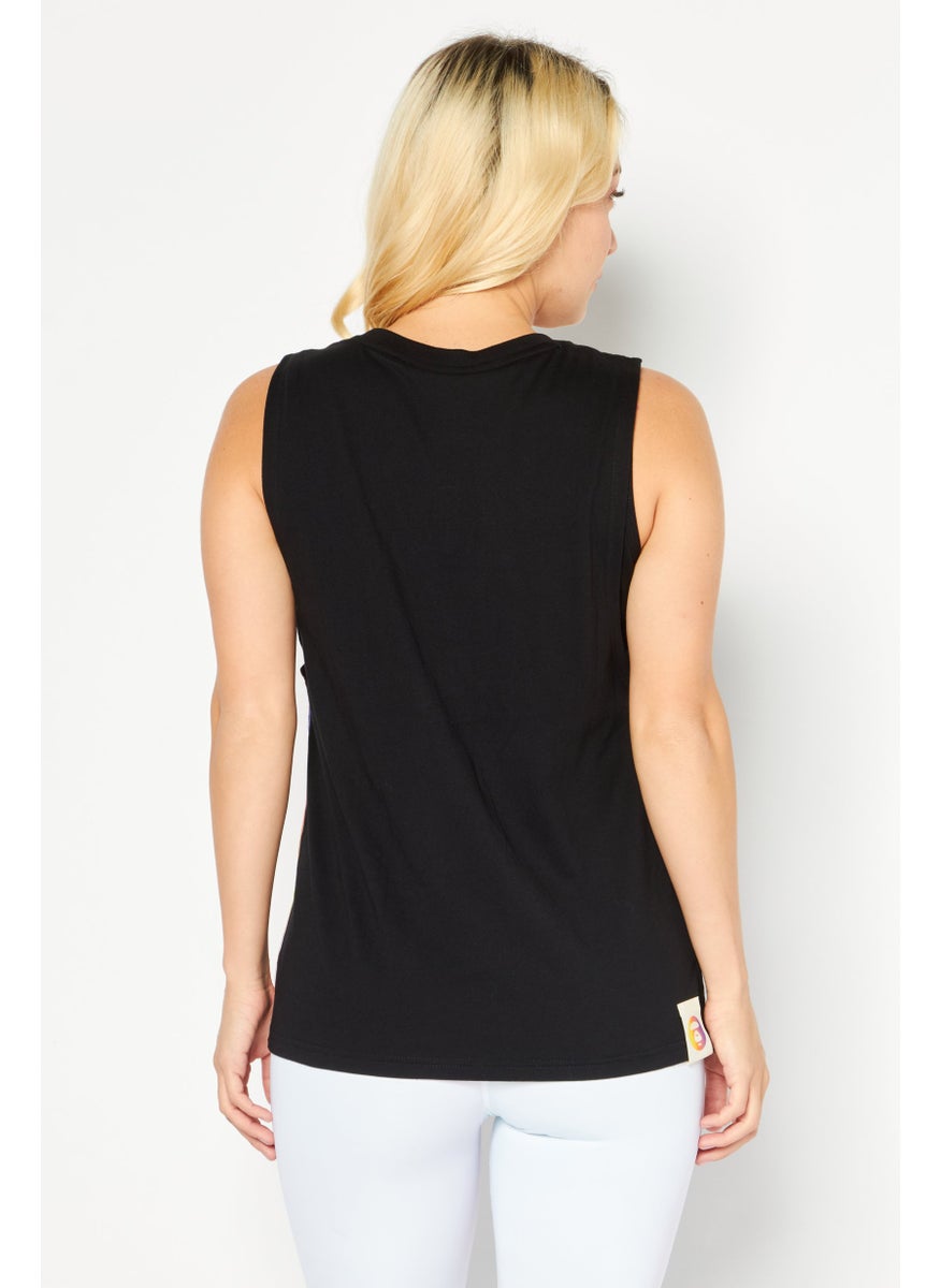 Women Round Neck Sleeveless Graphic Print Tank Top, Black Combo