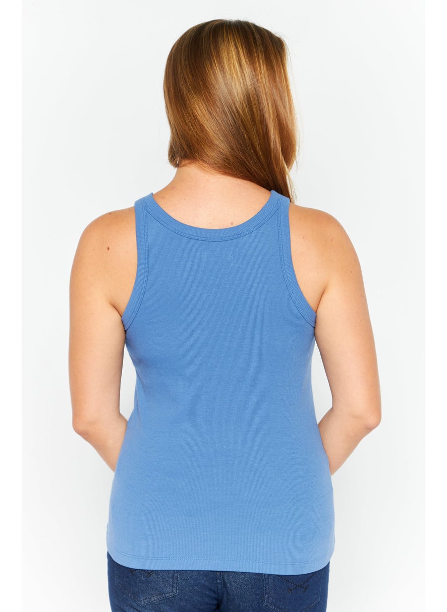 Women Round Neck Sleeveless Plain Top, Blue