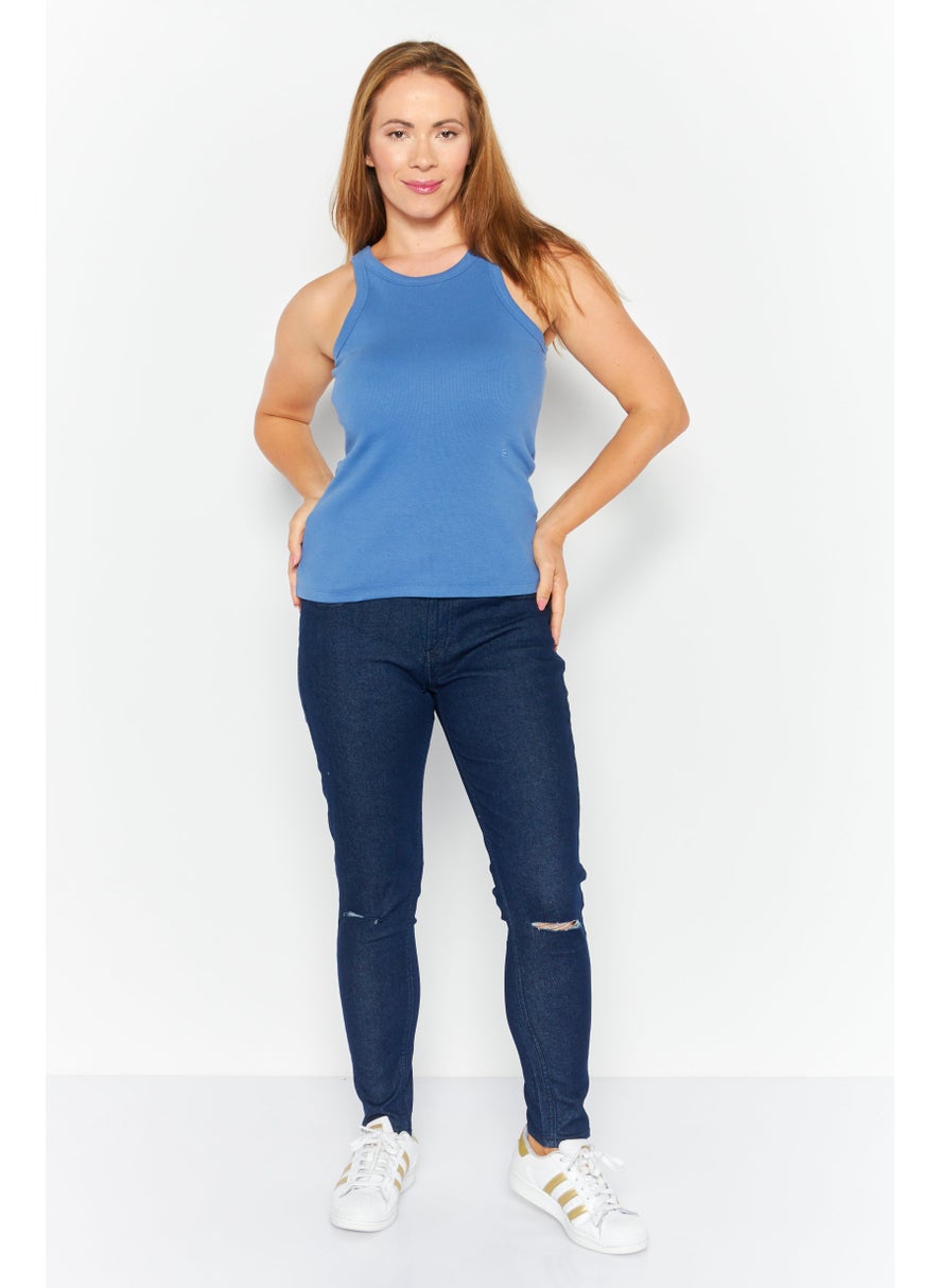 Women Round Neck Sleeveless Plain Top, Blue