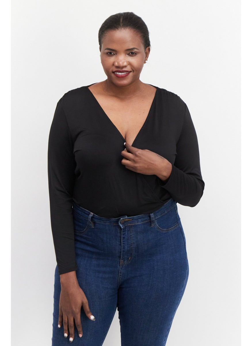 Women Plus Size Plain Long Sleeves Bodysuit, Black