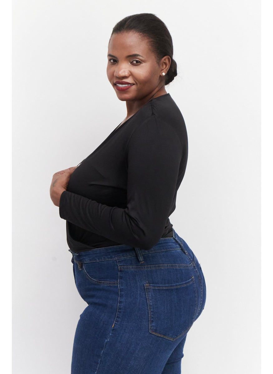 Women Plus Size Plain Long Sleeves Bodysuit, Black