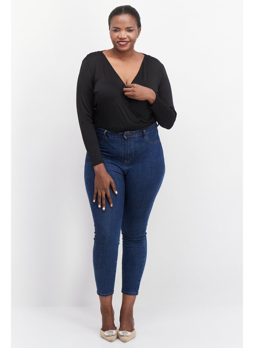 Women Plus Size Plain Long Sleeves Bodysuit, Black