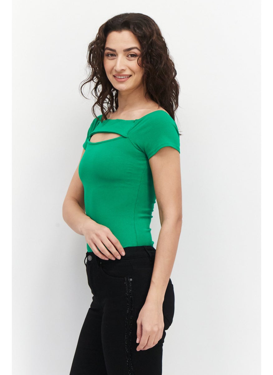 Women Ribbed Short Sleeve Bodysuit, Green