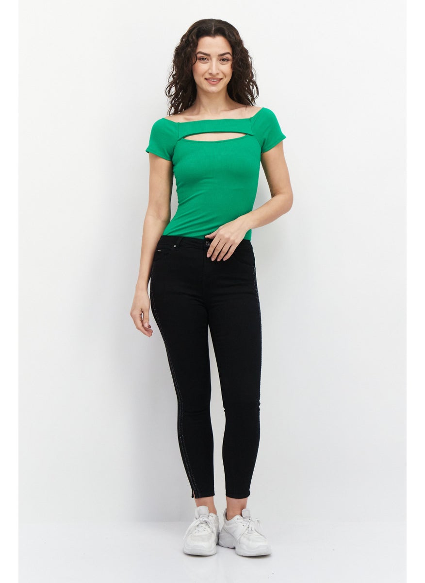 Women Ribbed Short Sleeve Bodysuit, Green
