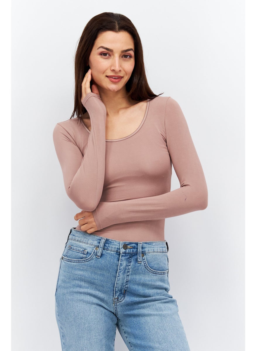 Women Long Sleeve Plain Bodysuit, Peach