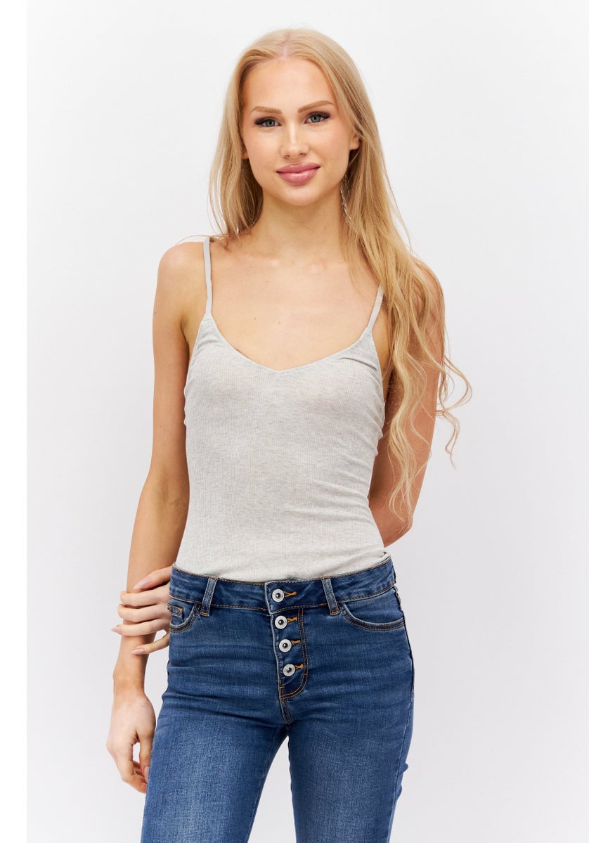 Women Sleeveless Ribbed Bodysuit, Grey