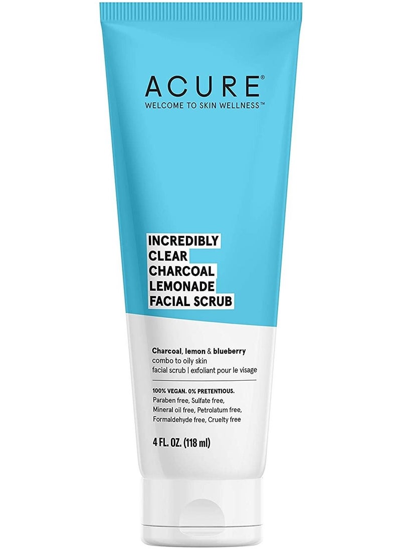 Incredibly Clear Acure Charcoal and Lemon Facial Scrub 100% Vegan For Oily to Normal/Acne Prone Skin Charcoal, Lemon and Blueberry Exfoliate and Detoxify 4 fl oz (Packaging May Vary)