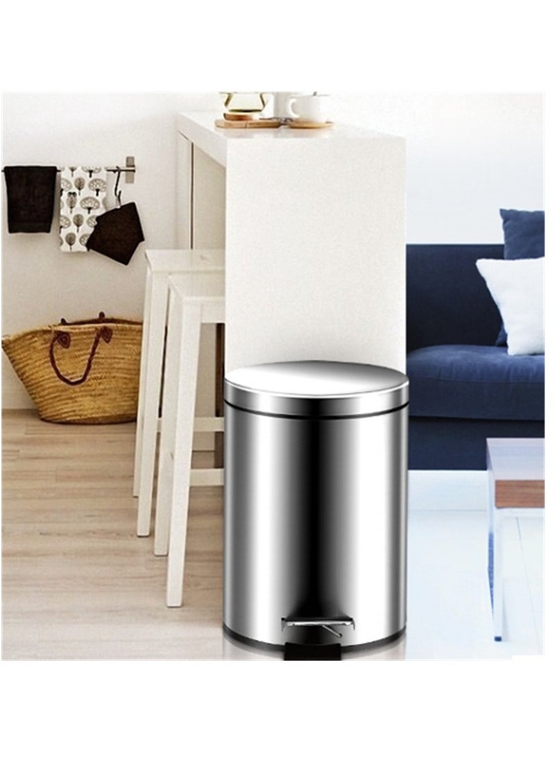 Trash Bin,12 Liter Stainless Steel Pedal Bin，Classic Round Pedal Trash Can, Hands-Free Ideal for Kitchen, Bathroom, Bedroom, Office, Round Shape Trash Can, Silver