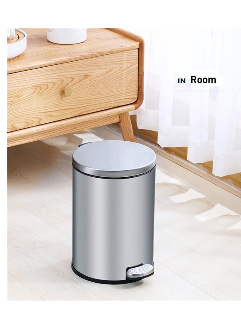 Trash Bin,12 Liter Stainless Steel Pedal Bin，Classic Round Pedal Trash Can, Hands-Free Ideal for Kitchen, Bathroom, Bedroom, Office, Round Shape Trash Can, Silver