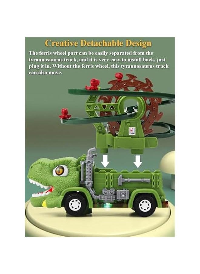 2 in 1 Dinosaur Slide Toy Set, Triceratops Sliding Track Toy Set Tyrannosaurus Automatic Slide Down Toy Dinosaur Truck Toy Dino Ferris Wheel Toy Dino Race Track Toy (Tyrannosaurus)