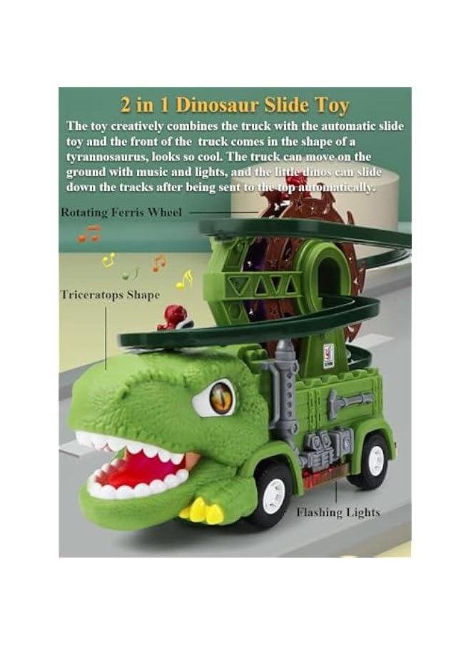 2 in 1 Dinosaur Slide Toy Set, Triceratops Sliding Track Toy Set Tyrannosaurus Automatic Slide Down Toy Dinosaur Truck Toy Dino Ferris Wheel Toy Dino Race Track Toy (Tyrannosaurus)