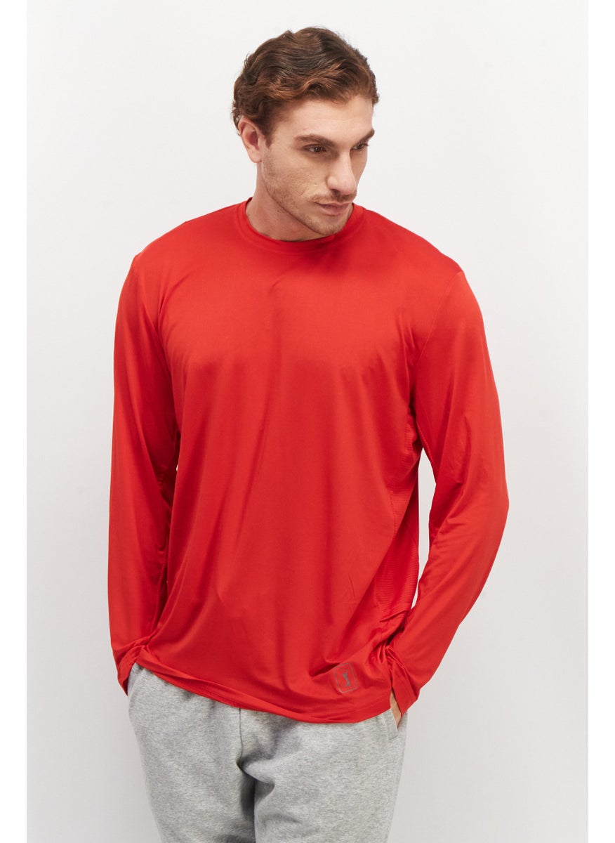 Men Sportswear Fit Crew Neck Long Sleeves Solid Shirt, Red