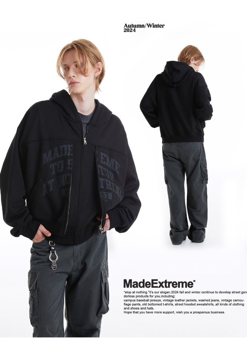 MADEEXTREME Retro Fake Two Piece Hooded Cardigan Double Zipper Couple Street Hoodie