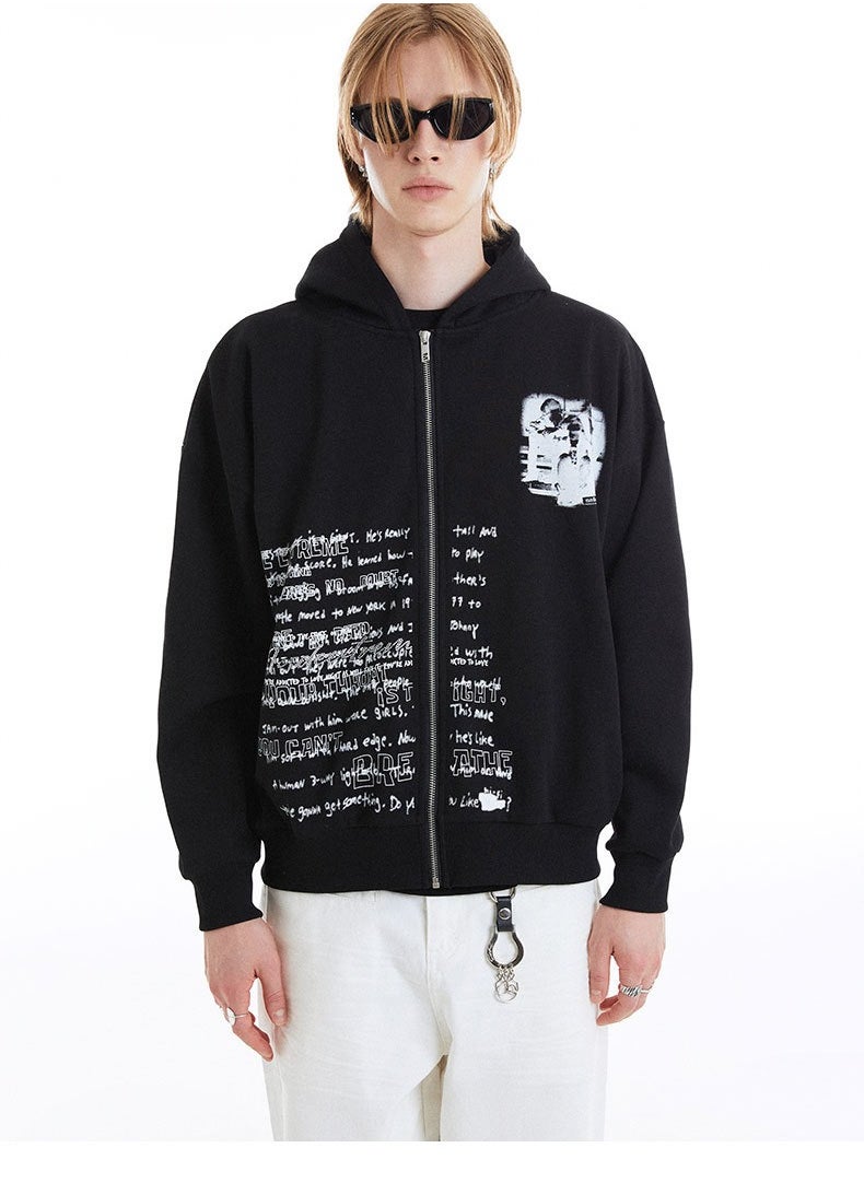 MADEEXTREME Letter Printed Zipper Hooded Sweatshirt