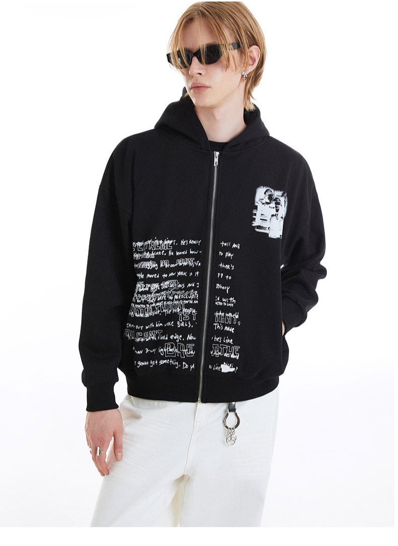 MADEEXTREME Letter Printed Zipper Hooded Sweatshirt