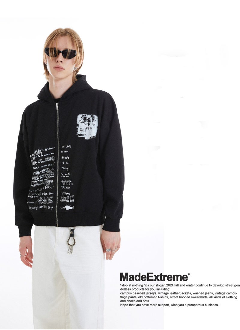 MADEEXTREME Letter Printed Zipper Hooded Sweatshirt