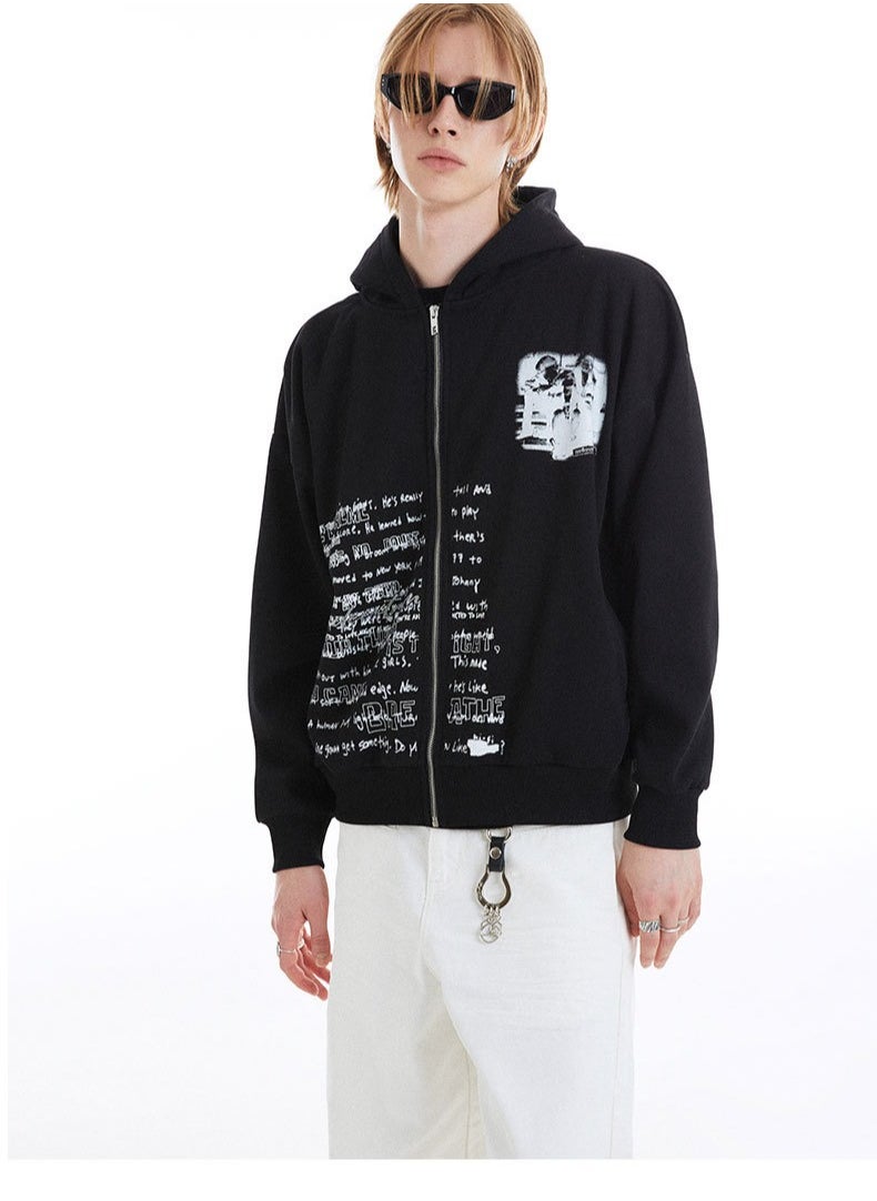 MADEEXTREME Letter Printed Zipper Hooded Sweatshirt