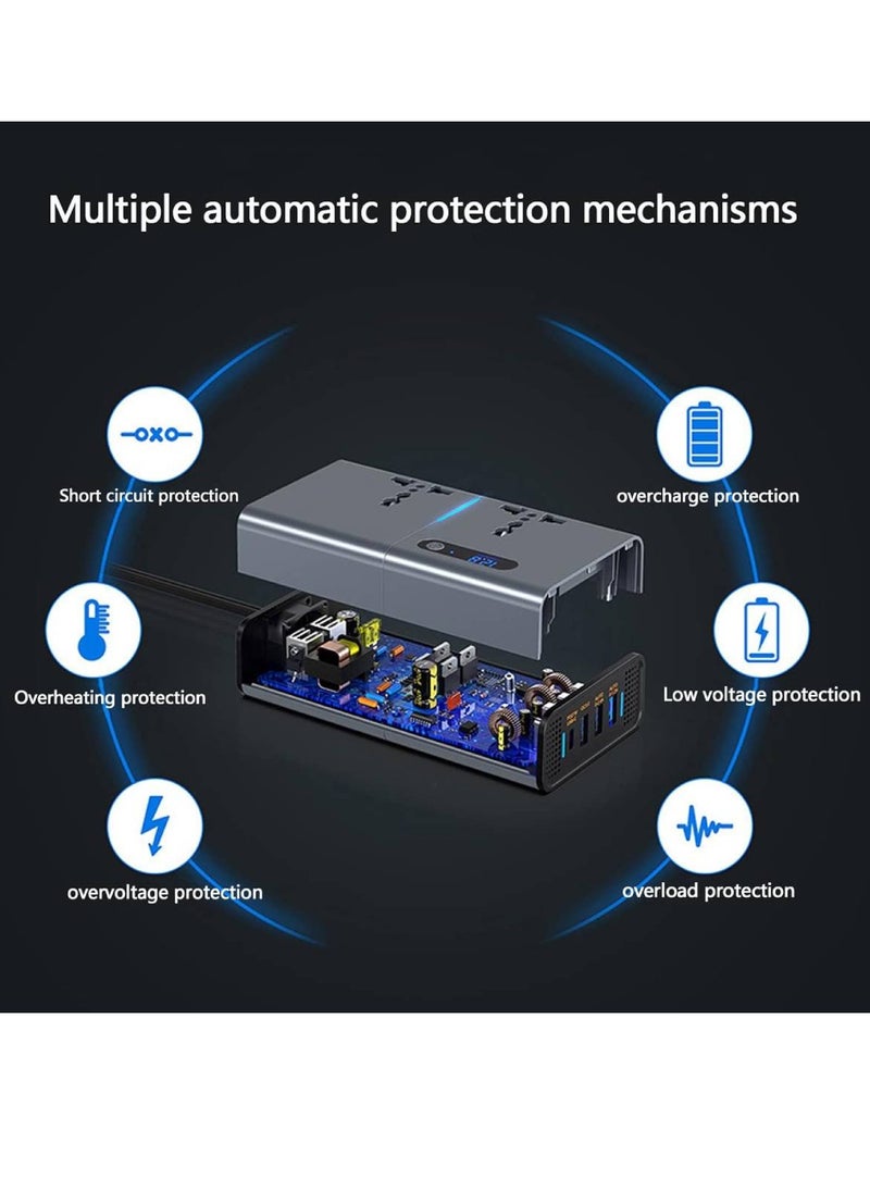 200W Car Power Inverter DC 12V To 110V AC Converter With PD 30W USB-C QC3.0 Dual USB Ports Dual AC Outlets For Laptop Car Plug Adapter Car Power Inverter Car Charger Fast Charger LED Display