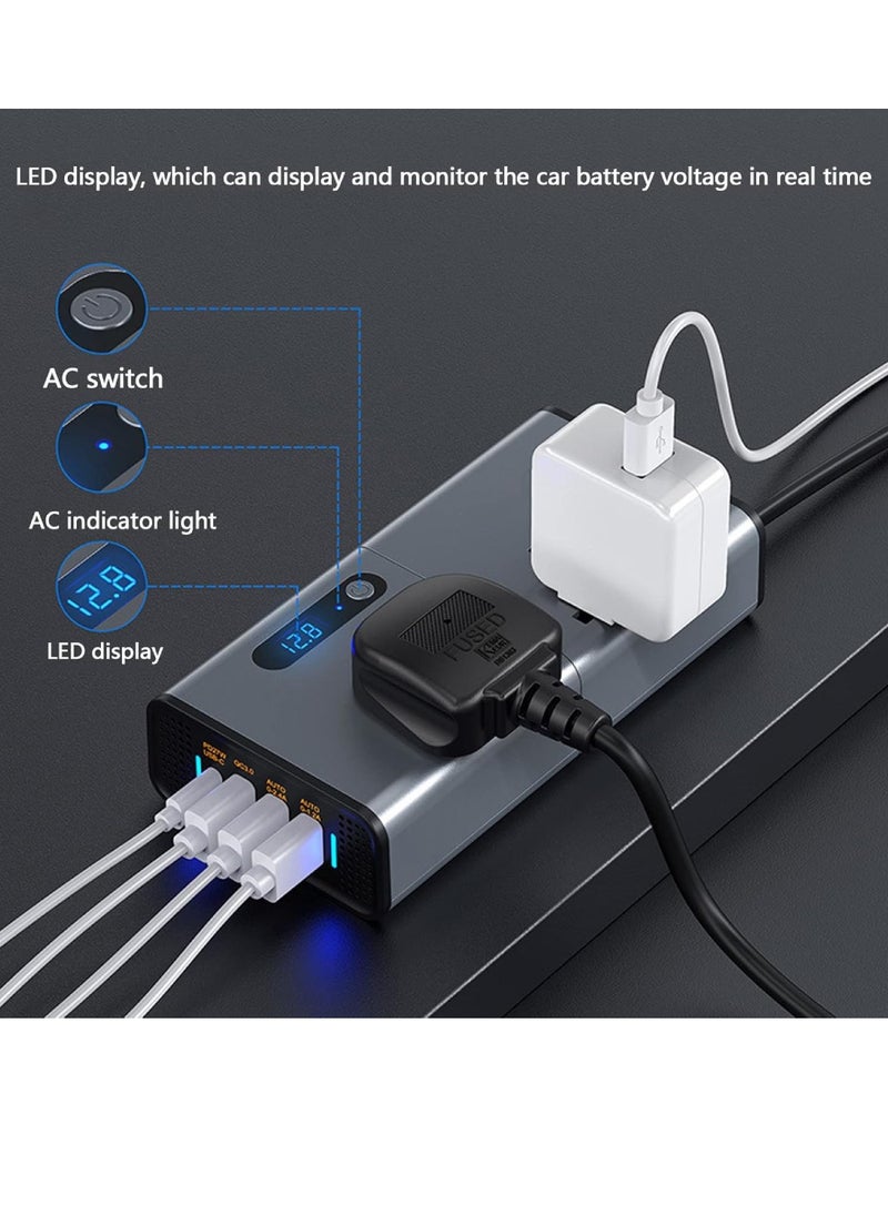 200W Car Power Inverter DC 12V To 110V AC Converter With PD 30W USB-C QC3.0 Dual USB Ports Dual AC Outlets For Laptop Car Plug Adapter Car Power Inverter Car Charger Fast Charger LED Display