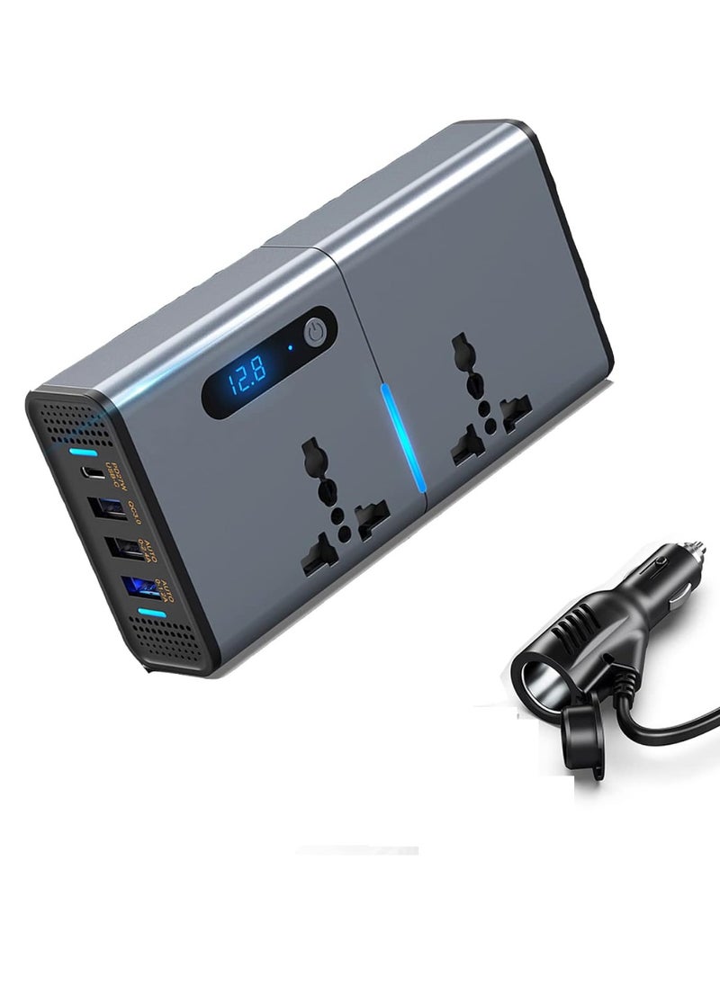 200W Car Power Inverter DC 12V To 110V AC Converter With PD 30W USB-C QC3.0 Dual USB Ports Dual AC Outlets For Laptop Car Plug Adapter Car Power Inverter Car Charger Fast Charger LED Display