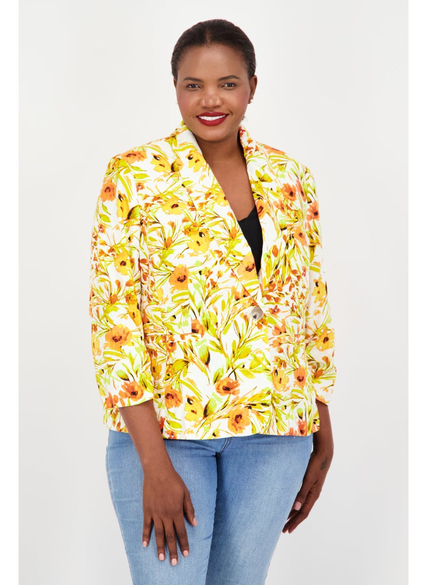 Women Plus Size All Over Printed Casual Blazer, Orange Combo