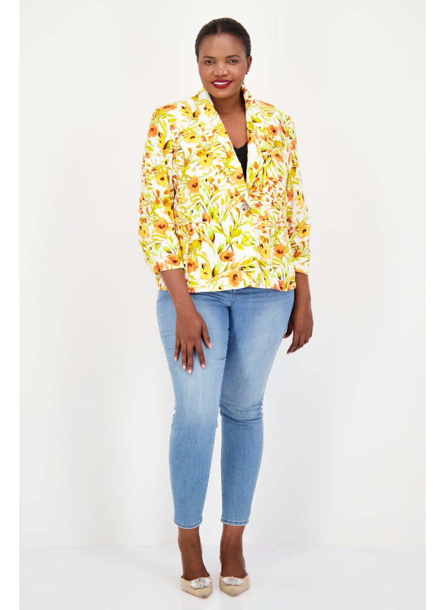 Women Plus Size All Over Printed Casual Blazer, Orange Combo