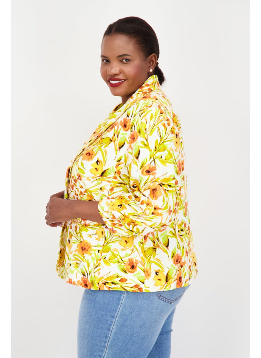 Women Plus Size All Over Printed Casual Blazer, Orange Combo