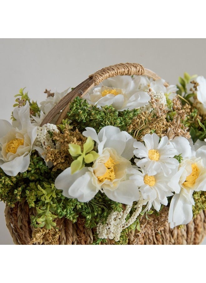 Caven Wild Rose and Daisy Arrangement in Oval Woven Basket 25 x 22.5 x 17 cm