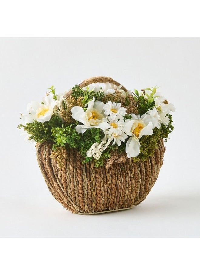 Caven Wild Rose and Daisy Arrangement in Oval Woven Basket 25 x 22.5 x 17 cm