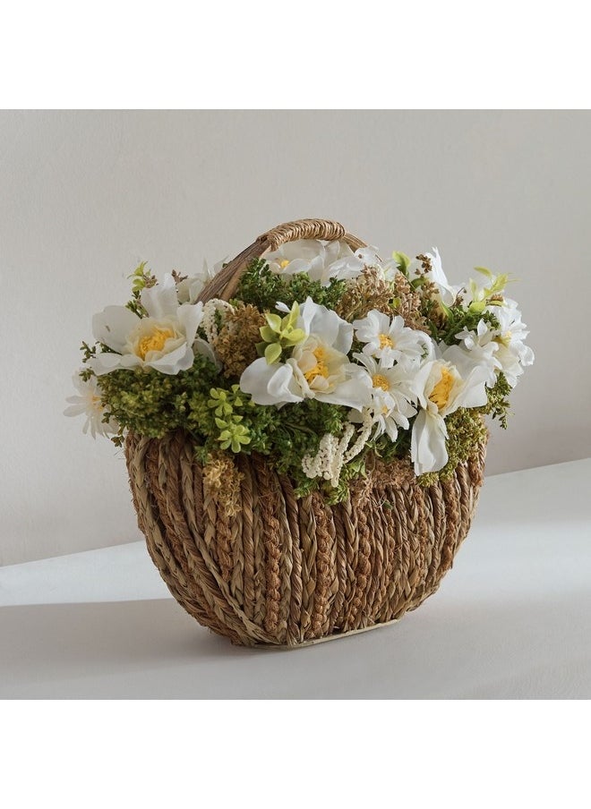 Caven Wild Rose and Daisy Arrangement in Oval Woven Basket 25 x 22.5 x 17 cm
