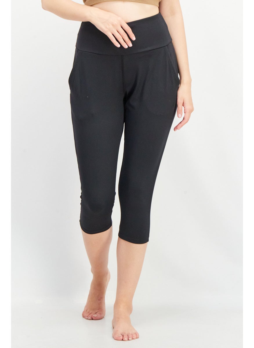 Women 2 Piece Plain Pull On Leggings Set, Black