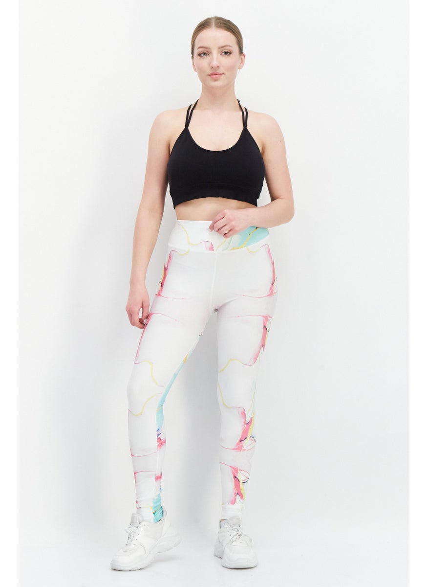 Women Allover Printed Leggings, White/Pink/Gold