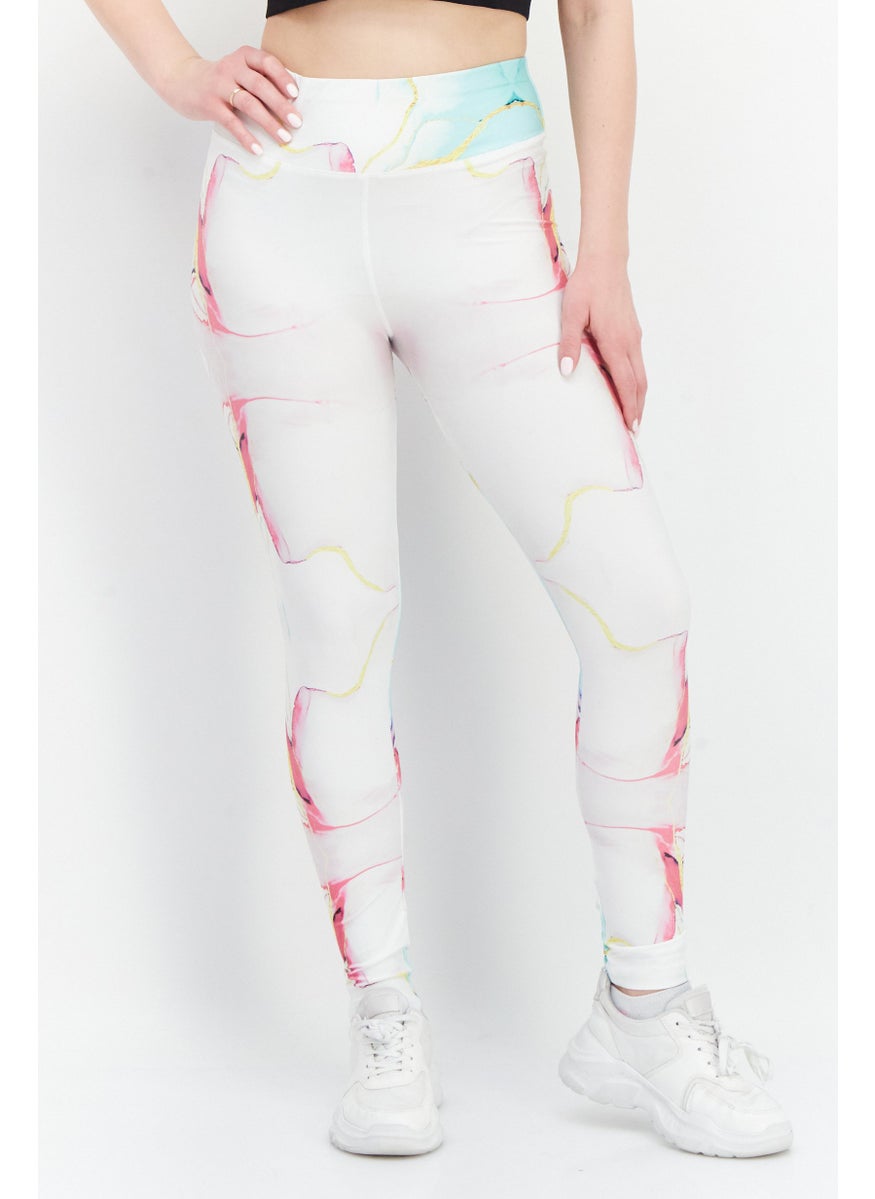 Women Allover Printed Leggings, White/Pink/Gold