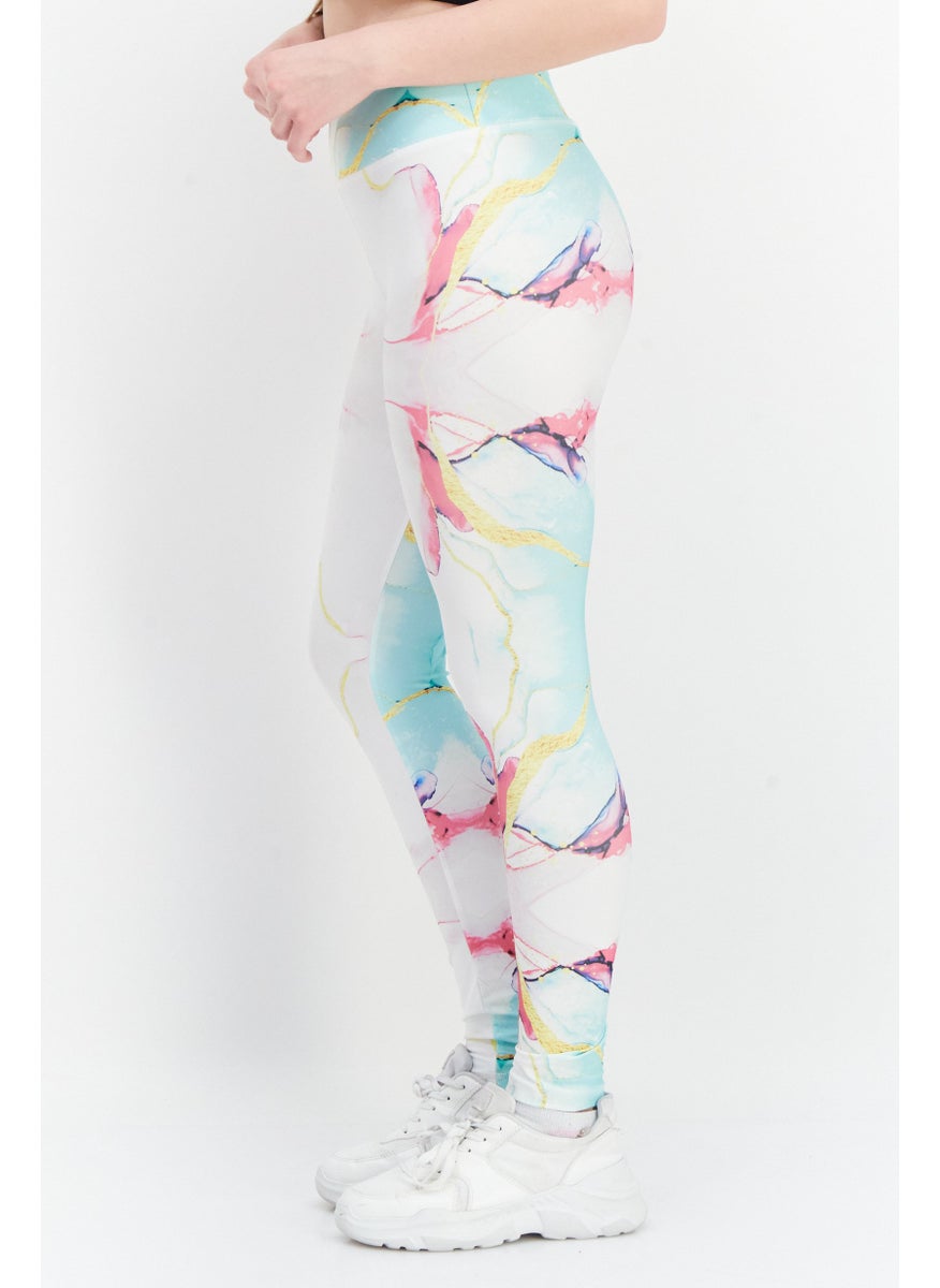 Women Allover Printed Leggings, White/Pink/Gold