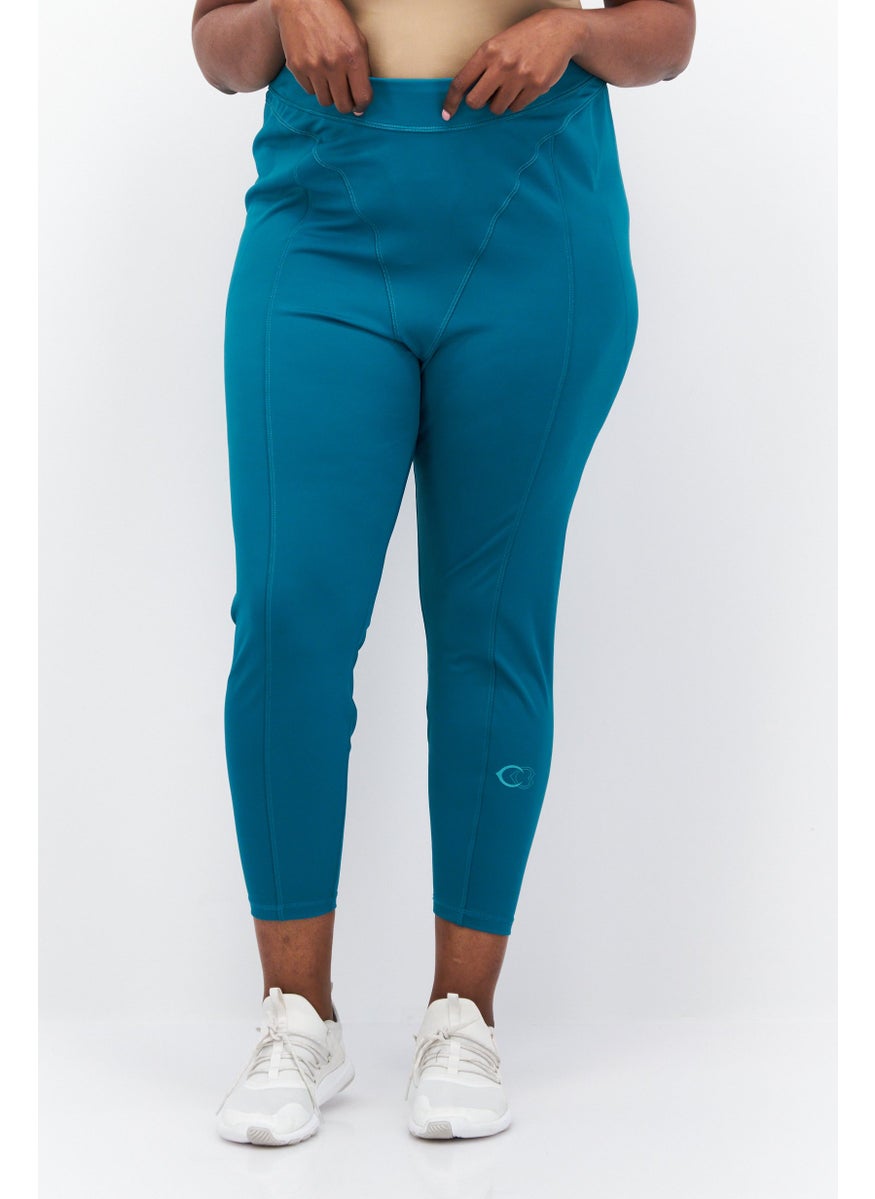 Women Plus Size Training Tights, Teal Blue