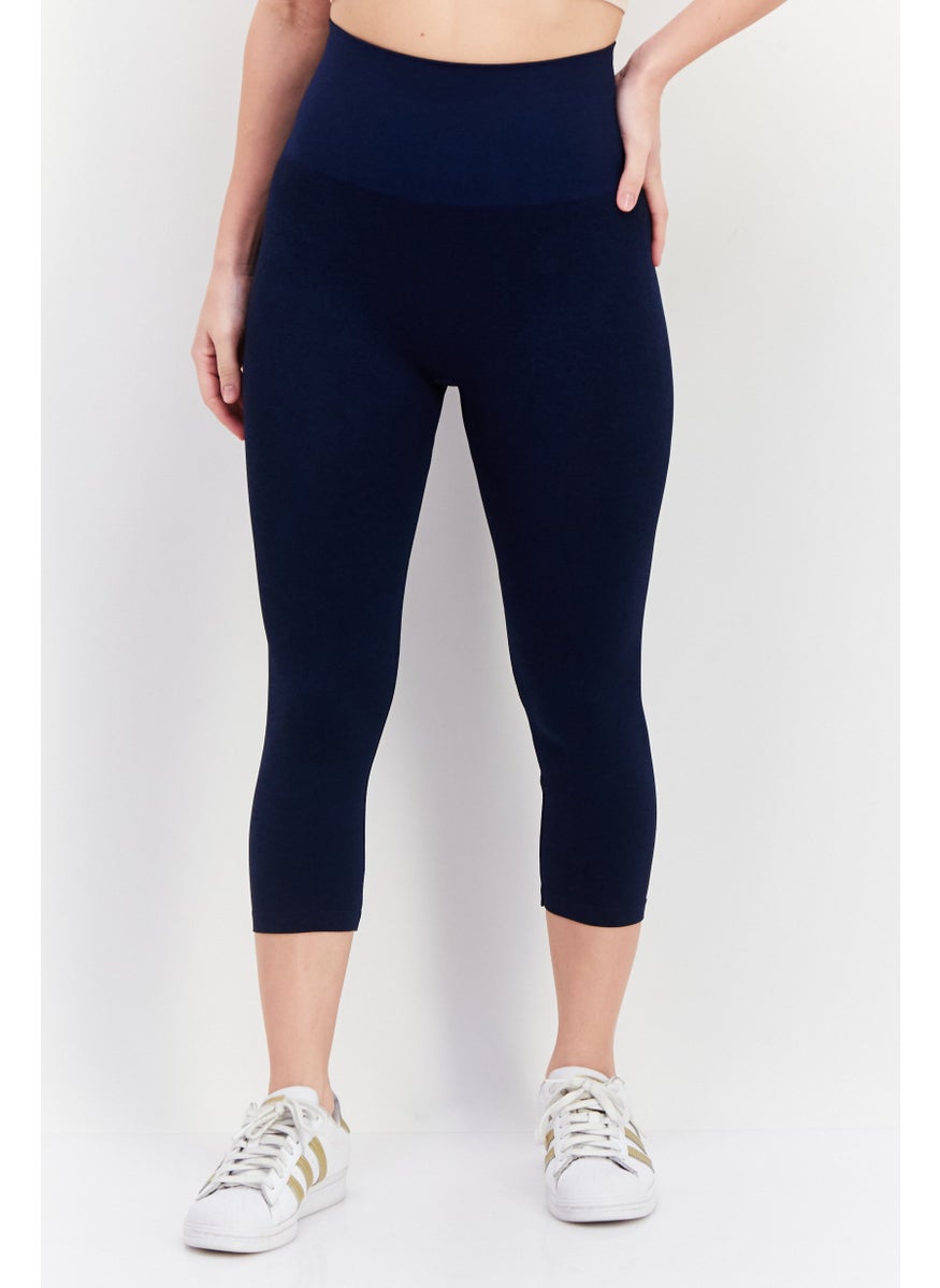 Women Regular Fit Textured Seamless Leggings, Navy Blue