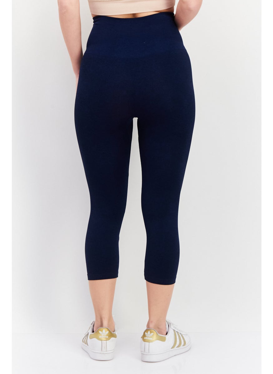 Women Regular Fit Textured Seamless Leggings, Navy Blue