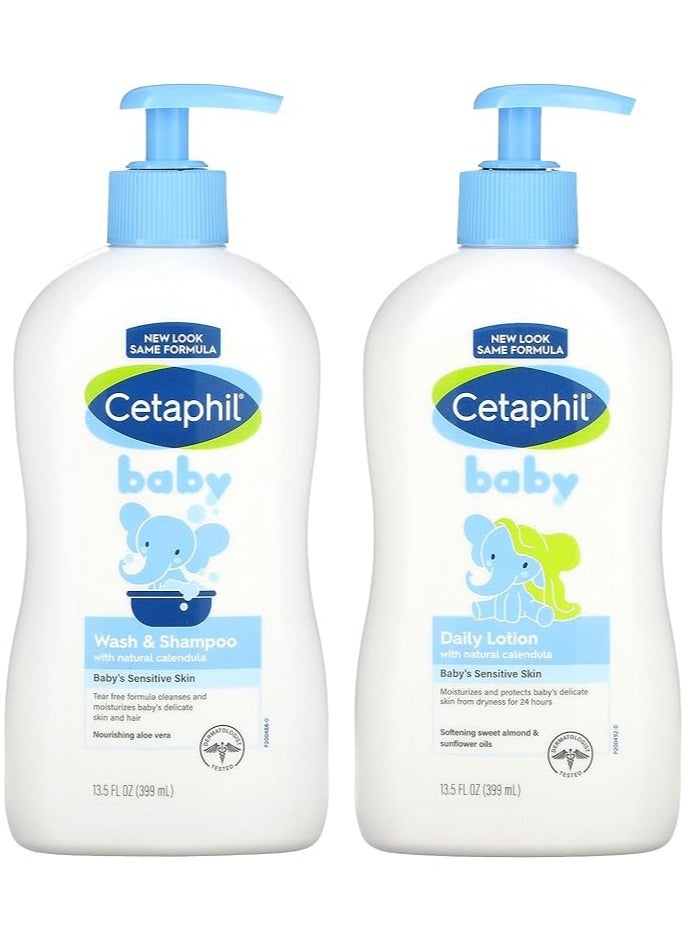 Cetaphil Baby Wash & Shampoo Plus Body Lotion, Healthy Skin Essentials, Head to Toe Hydration for up to 24 Hours, for Delicate, Sensitive Skin, 2 Count (Pack of 1)