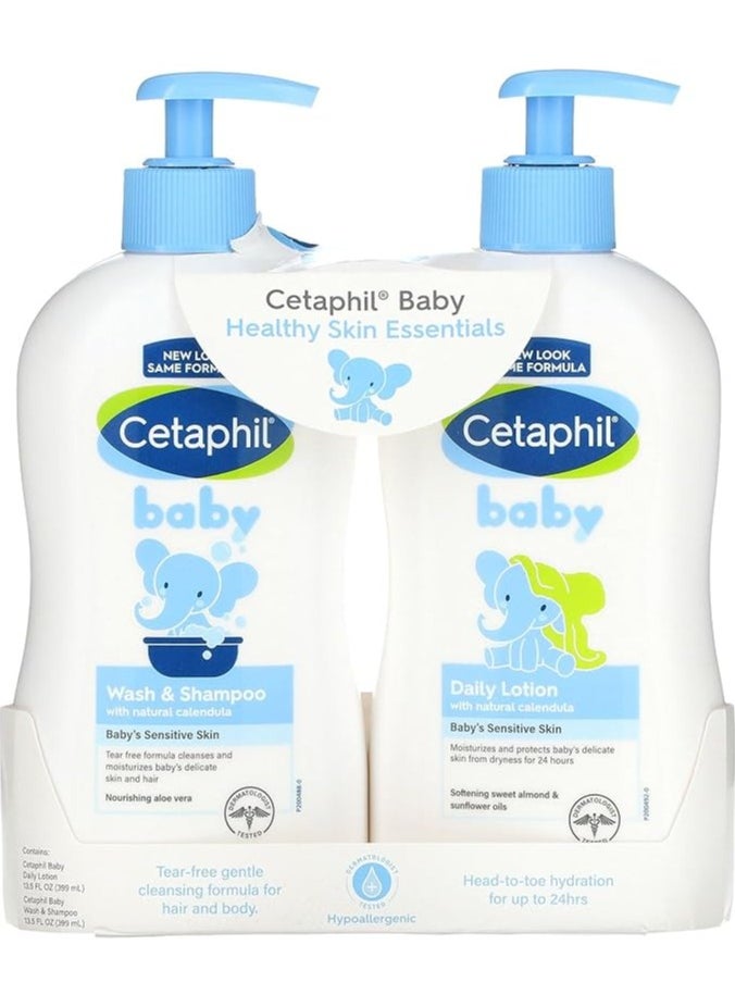 Cetaphil Baby Wash & Shampoo Plus Body Lotion, Healthy Skin Essentials, Head to Toe Hydration for up to 24 Hours, for Delicate, Sensitive Skin, 2 Count (Pack of 1)