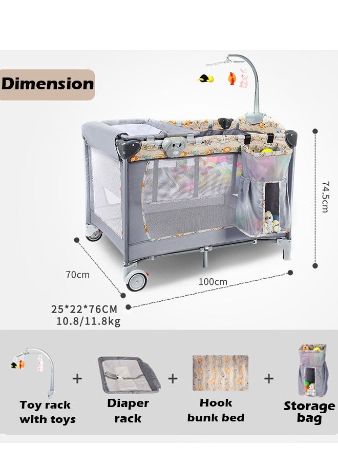 3 in 1 Foldable and Moveable Baby Crib, Playpen and Travel Playard with Bassinet, Music Toy Rack, Storage Pocket and Diaper Changing Table