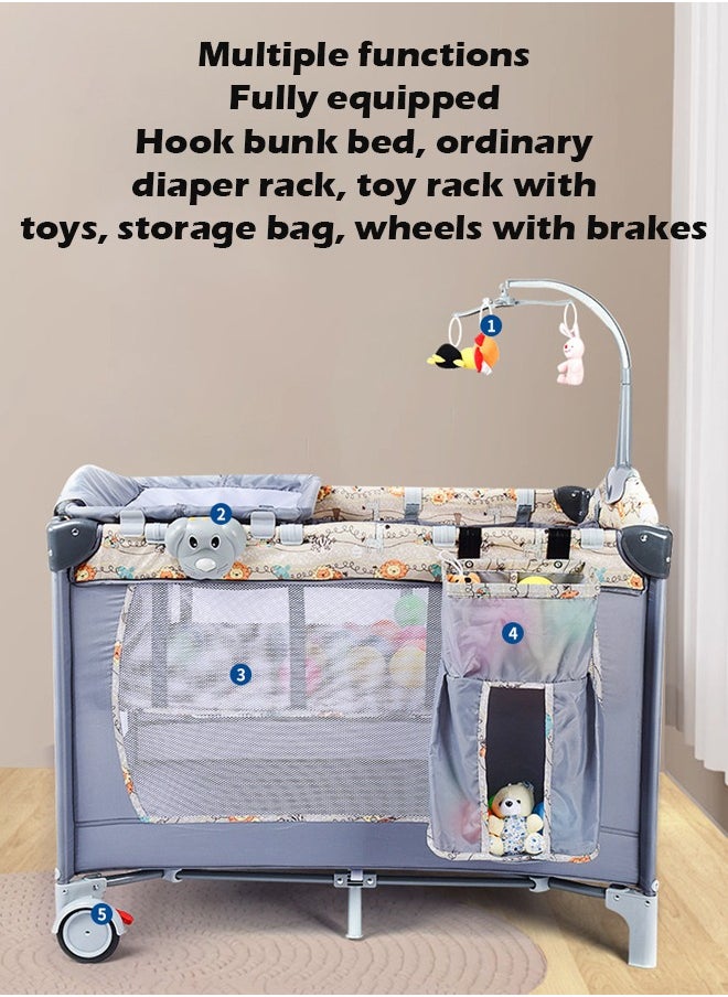 3 in 1 Foldable and Moveable Baby Crib, Playpen and Travel Playard with Bassinet, Music Toy Rack, Storage Pocket and Diaper Changing Table