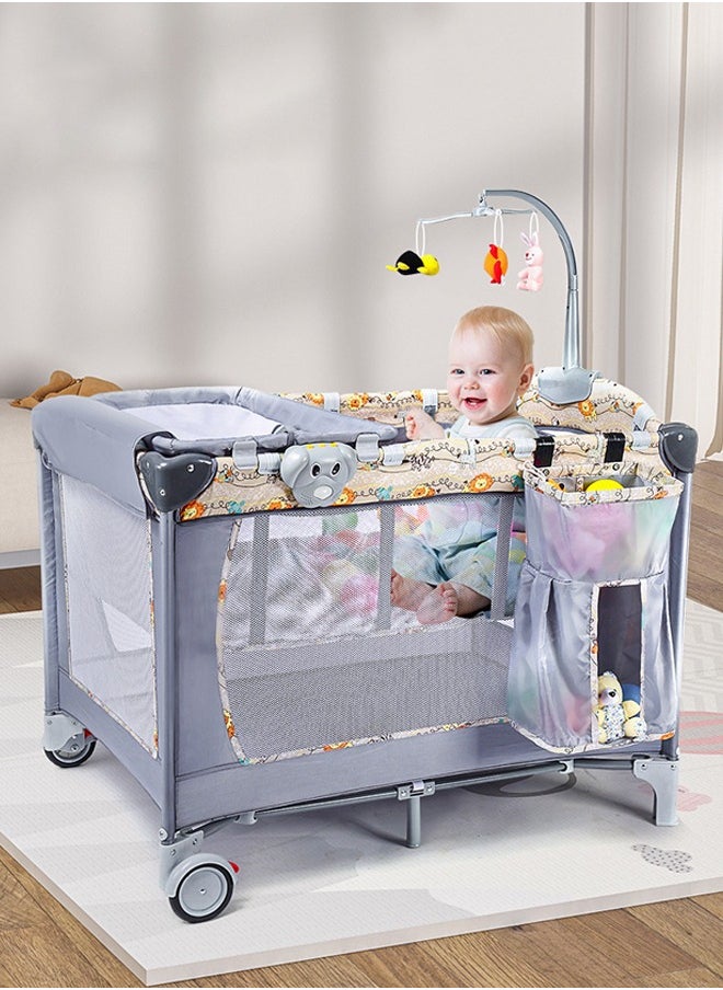 3 in 1 Foldable and Moveable Baby Crib, Playpen and Travel Playard with Bassinet, Music Toy Rack, Storage Pocket and Diaper Changing Table